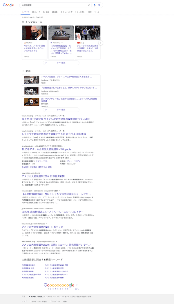 Google 検索における「大統領選挙」の検索結果一覧ページ