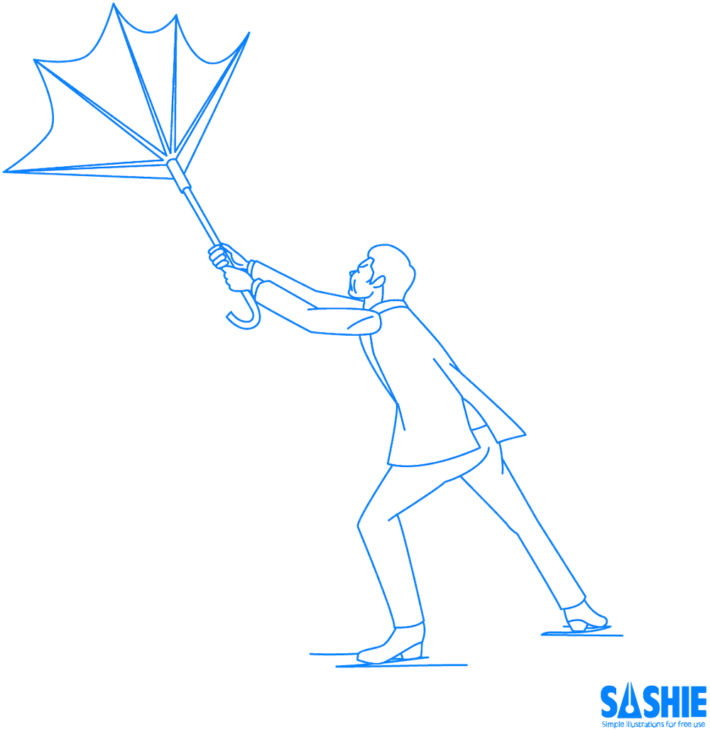 フリーイラスト素材サイト「SASHIE」の「風で傘が引っ張られる男性」のイラスト